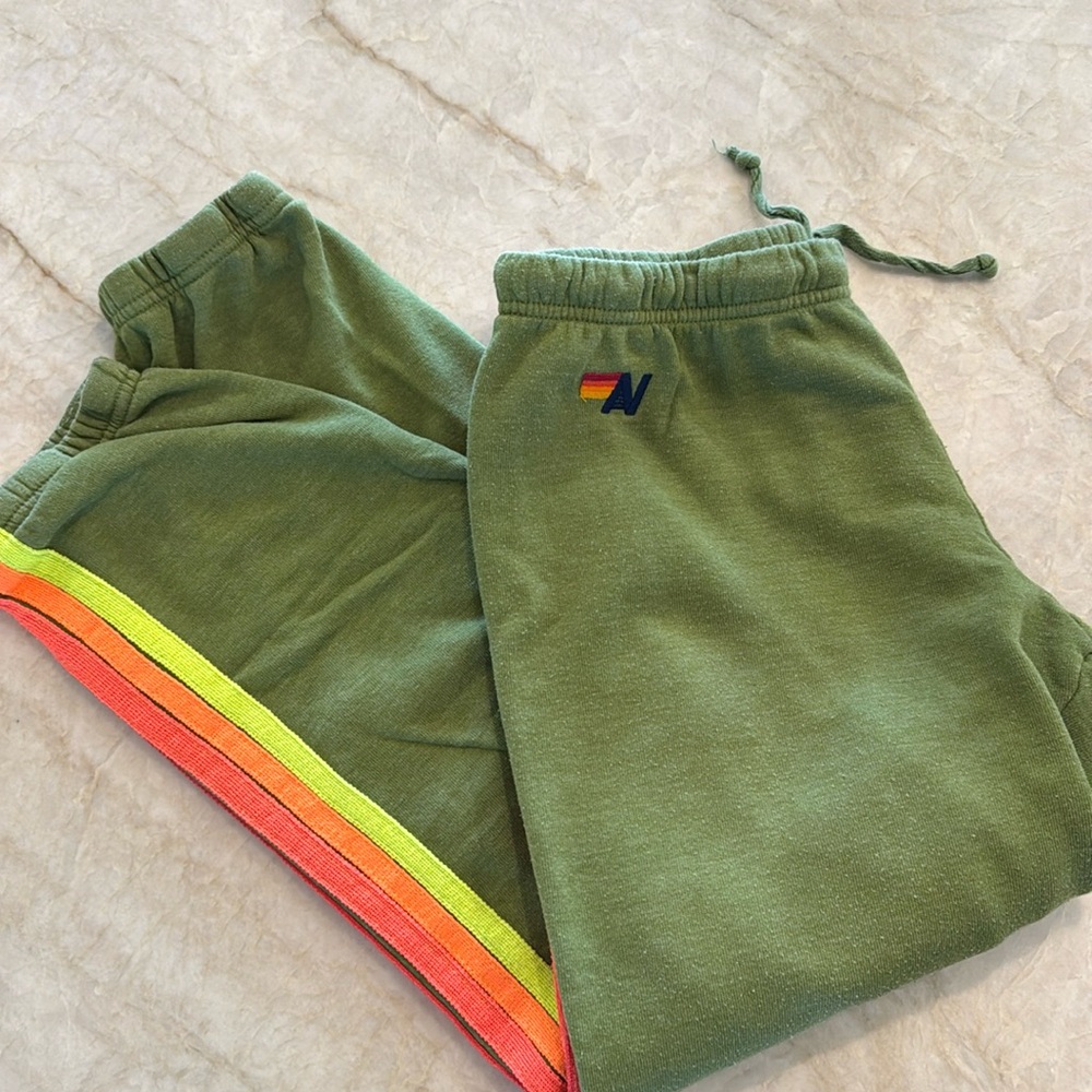 Aviator Nation Green Track Pants with Red Stripes
